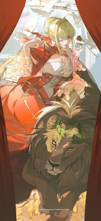 Anime-style iPhone wallpaper of Nero Claudius from Fate/Extra: regal blonde in a red gown leaning over a lion with a laurel, framed by theater curtains and doves.