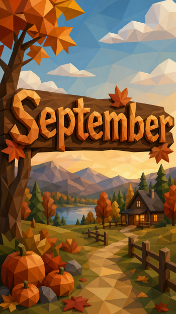 September autumn landscape iPhone wallpaper: stylized fall scene with cabin by a lake, pumpkins, orange-leaved trees and mountains under a blue sky.