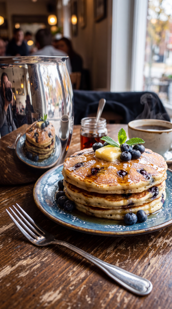 iPhone wallpaper of a stack of blueberry pancakes topped with butter and syrup, fresh blueberries and mint on a plate, with a fork, jar of syrup and coffee cup on a wooden café table.