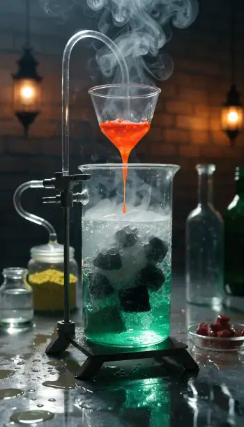 iPhone wallpaper of a science experiment in a laboratory: a beaker of glowing green liquid and ice, red solution dripping from a funnel, wisps of vapor rising.