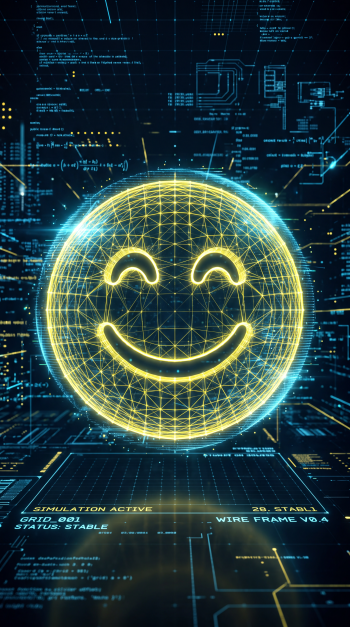 Yellow wireframe smiley emoji glowing over blue digital circuitry, vertical phone/iPhone wallpaper.