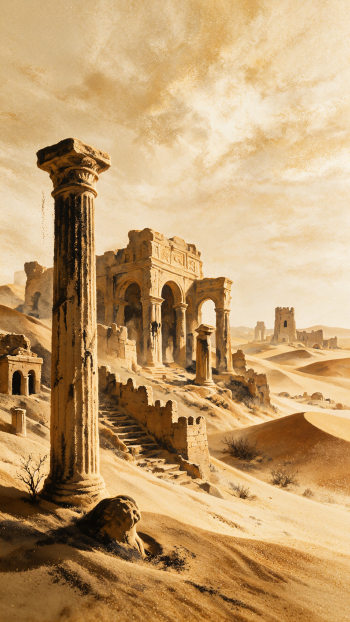Vertical iPhone wallpaper of an ancient desert temple ruin: tall weathered columns, crumbling arches and sand‑covered steps beneath a golden sky.
