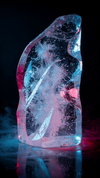 Glowing crystal ice sculpture lit in blue and pink against a dark background; vertical iPhone wallpaper.