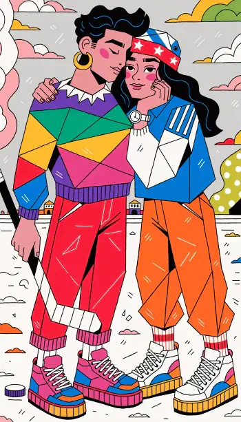 Vibrant iPhone wallpaper: a hockey-romance couple embraced on snowy ice, colorful retro outfits, puck and stick at their feet, playful loving expressions.