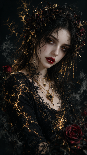 Dark coquette portrait of a gothic woman with crimson lips, black lace, gold-veined tendrils and roses — moody iPhone wallpaper.