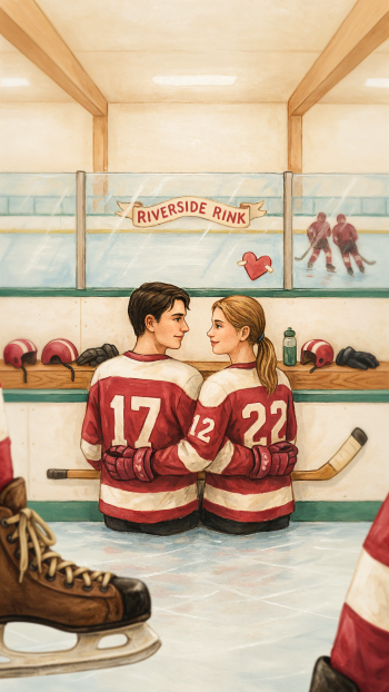 Phone wallpaper of hockey romance: a couple in matching jerseys (17, 22) embrace on a Riverside Rink bench, skates and gear nearby.