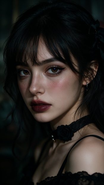 Dark coquette portrait of a woman with dramatic winged eyeliner, deep lipstick and a lace choker, moody iPhone wallpaper.