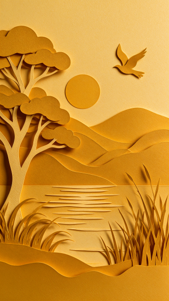 Ocre paper-cut landscape iPhone wallpaper: layered hills, a tree by a reflective lake, sun overhead and a bird in flight.