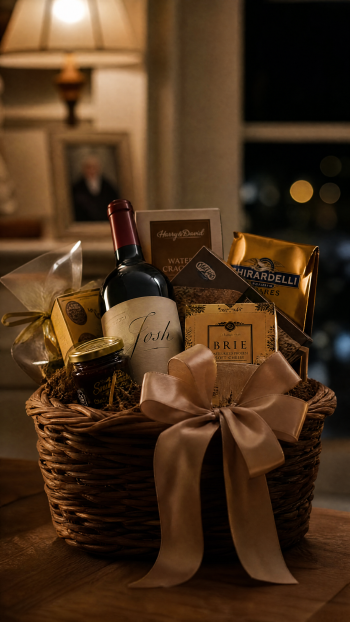 Phone wallpaper showing a warm-lit gift basket with a bottle of red wine, brie cheese, Ghirardelli chocolate, crackers and jam, finished with a large satin bow.