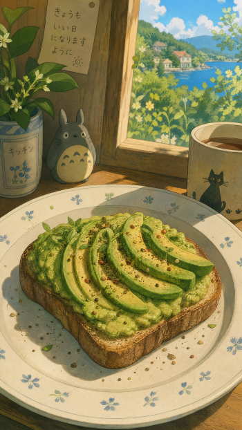 iPhone wallpaper of a breakfast avocado toast: sliced avocado on mashed-avocado toast on a floral plate, coffee mug, Totoro figurine, and sunlit window overlooking a seaside village.