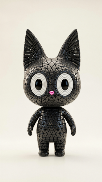iPhone wallpaper featuring a black Chococat toy cat figurine with a geometric textured body, oversized white eyes and a pink nose on a neutral background.