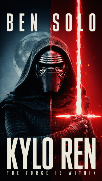 iPhone wallpaper of Kylo Ren holding a red crossguard lightsaber; split moonlit blue left and red glowing right, with bold text Ben Solo above and Kylo Ren below.