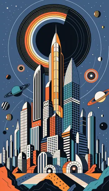 iPhone wallpaper: vibrant sci‑fi cityscape of towering skyscrapers on an alien planet with rings, planets and stars overhead.