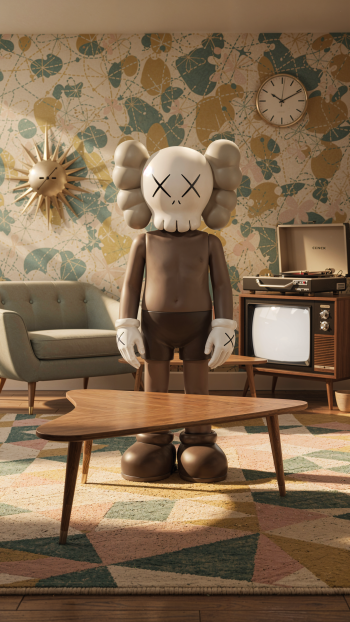 iPhone wallpaper showing a KAWS toy figurine sculpture standing in a retro living room with midcentury coffee table, sofa, vintage TV and patterned wallpaper.