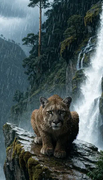 iPhone wallpaper: a mountain lion (cougar) crouches on a mossy rock in a rain-soaked rainforest beside a towering waterfall.