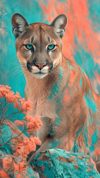 Vibrant teal-and-coral cougar portrait (big cat) with piercing turquoise eyes set against stylized rocks and blossoms — vertical phone/iPhone wallpaper composition.