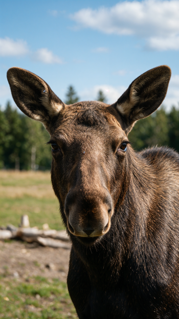 Vertical iPhone wallpaper: close-up portrait of a moose (animal) standing in a sunlit meadow with trees and a blue sky background.