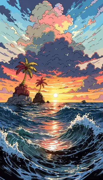 iPhone wallpaper of a tropical sunset over the ocean: towering waves rushing toward two palm-topped islands beneath dramatic, colorful clouds.