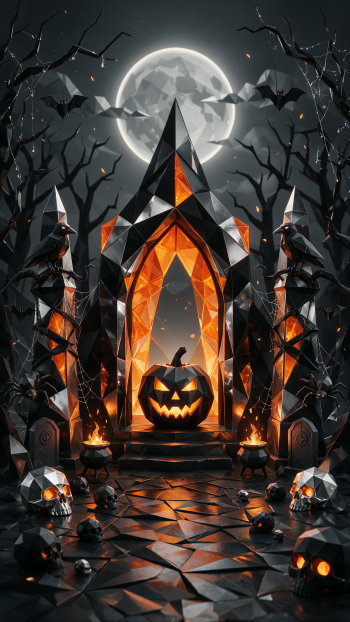 iPhone wallpaper of spooky season: gothic Halloween shrine with glowing jack-o'-lantern on a crystalline altar, bats before a full moon, skeletal skulls, leafless trees and flickering flames.