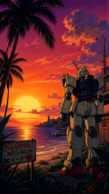 iPhone wallpaper: tropical sunset on a beach with palm trees and coastal trees, a towering mech silhouetted against the glowing orange-purple sky.