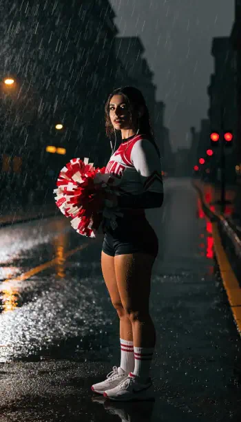 Vertical iPhone wallpaper — cheerleader in a red uniform holding a red-and-white pompom, standing in heavy rain on a dark, wet city street with blurred lights.