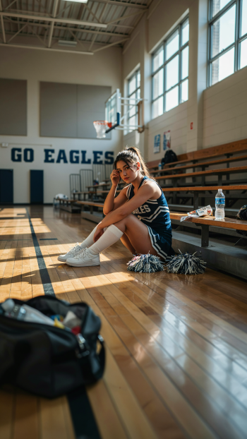 iPhone wallpaper: a lone cheerleader in uniform sits on gym bleachers with pom-poms and water bottle, 'GO EAGLES' lettering visible on the sunlit hardwood gymnasium.