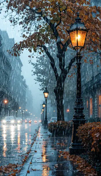 iPhone wallpaper: a rainy fall street lined with glowing street lights and wet trees, autumn leaves on the slick pavement reflecting soft lamplight.