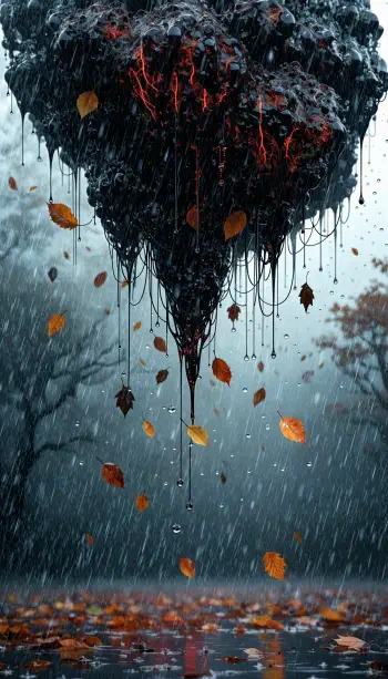 Abstract iPhone wallpaper: a dark, dripping floating mass with glowing red veins as rain pours and orange autumn leaves fall against a foggy background.