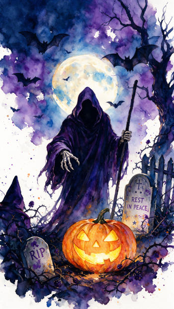 iPhone wallpaper: Halloween horror scene with a hooded Grim Reaper clutching a scythe in a moonlit graveyard, a glowing jack-o'-lantern at his feet and bats circling overhead