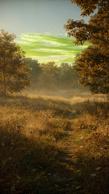 iPhone wallpaper: sunlit forest path through end-of-summer grasses and trees, soft mist drifting beneath a pale green sky