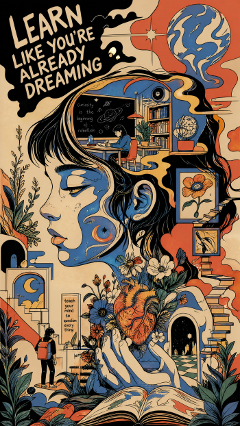 Dreamy school-aesthetic iPhone wallpaper of a woman's portrait blending into books, a classroom, flowers and planets, with the text Learn like you're already dreaming.