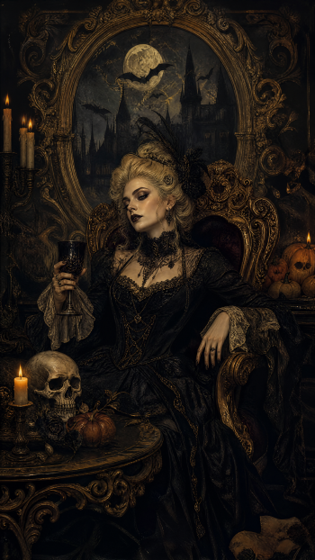 Gothic Halloween iPhone wallpaper: portrait of an elegant pale woman in black lace, seated with a goblet amid skulls, candles, and a moonlit castle.