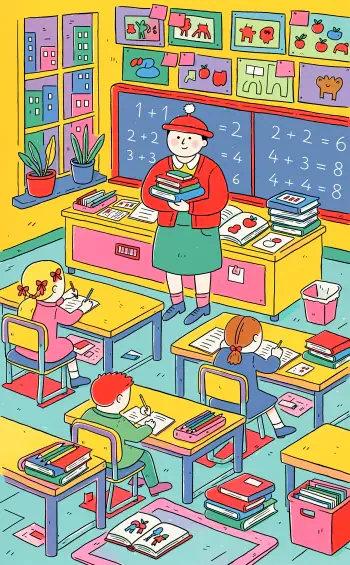 Cute school iPhone wallpaper: a colorful classroom with a teacher holding books and students at desks, chalkboard with simple math and playful wall art.