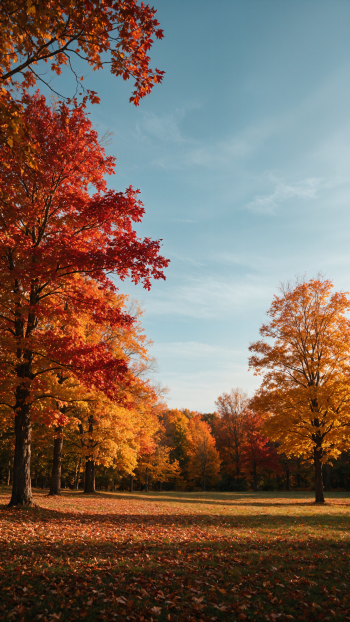 Vertical iPhone wallpaper: autumn landscape of a sunlit forest clearing with red and golden trees and a carpet of fallen leaves beneath a clear blue sky.