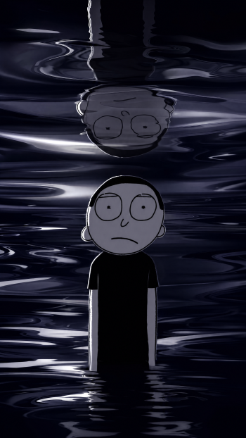 Phone wallpaper of Gucci Morty meme: monochrome Morty standing waist-deep in dark reflective water with his upside-down reflection above, moody ripples and glossy highlights.