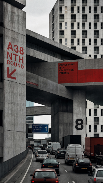 iPhone wallpaper: congested traffic on an urban highway beneath concrete overpasses, cars filling the road against a blocky high-rise backdrop.