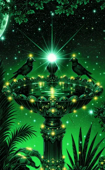 iPhone wallpaper of a glowing green ornate bird bath fountain with two birds perched on the rim, a radiant central star, mirrored water and lush foliage under a starry night.