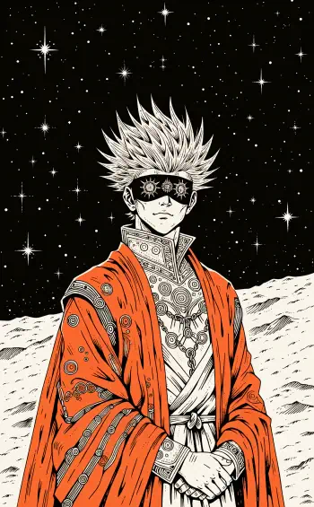 iPhone wallpaper of Satoru Gojo (anime/manga): blindfolded figure in ornate orange robe standing on a moonlit, starry landscape.