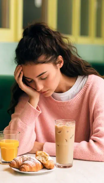 iPhone wallpaper: stressed woman at breakfast, head in hand beside iced coffee, orange juice and a plate of croissants.