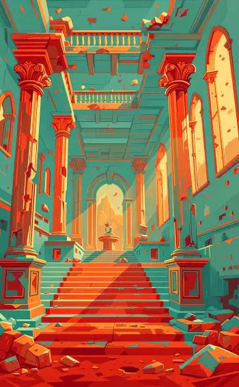 iPhone wallpaper of a vibrant fantasy palace hall in ruin: sunlit grand stairs between towering columns, arched windows and scattered rubble in warm teal and orange hues.