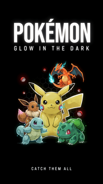 iPhone wallpaper: Pokémon logo with Glow in the Dark text; Pikachu center with Eevee, Squirtle and Bulbasaur at its feet, Charizard flying above amid glowing Poké Balls.