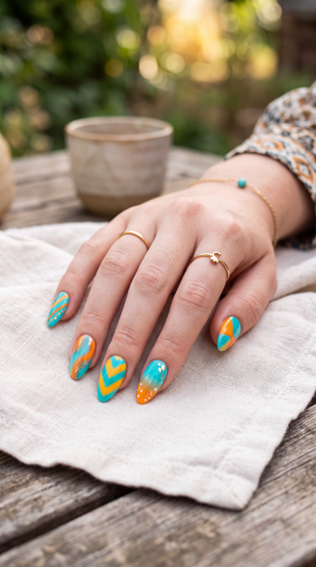 Hand with turquoise, orange and yellow nail art manicure — chevrons and dots on long nails, shown as phone/iPhone wallpaper.