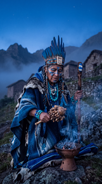 Phone wallpaper of an Indigenous shaman in a blue feathered headdress and beadwork, conducting a smoke ritual amid misty mountain ruins at dusk.