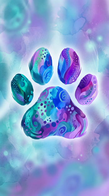 Abstract iPhone wallpaper: a vibrant paw print formed of patterned stone-like pebbles in teal, purple and aqua swirls against a soft watercolor background.