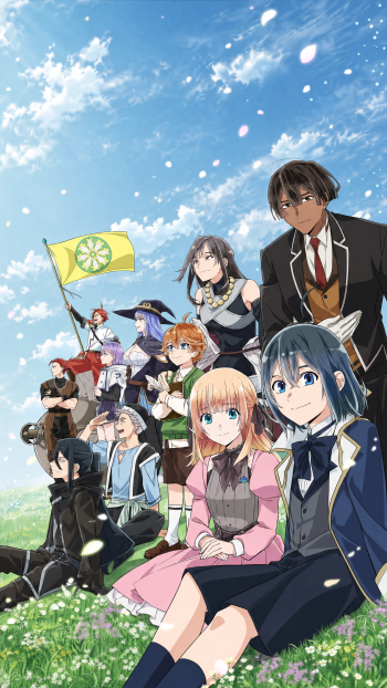 iPhone wallpaper of Ars Louvent from As a Reincarnated Aristocrat: anime group posed on a sunny meadow under a blue sky, petals drifting, characters in school and fantasy attire.