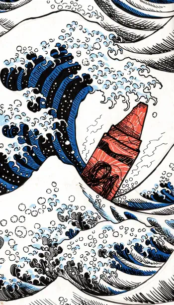 Crayon-drawn iPhone wallpaper of a red sailboat riding stylized blue ocean waves with foamy white spray.