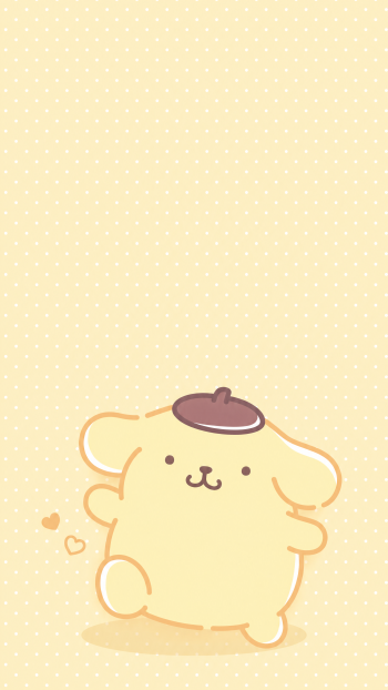 Cute Pompompurin Sanrio cartoon dog on a pale yellow polka-dot iPhone wallpaper, wearing an acorn beret and surrounded by tiny hearts.