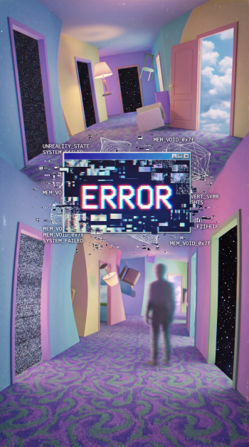 Surreal glitch hallway iPhone wallpaper: pastel corridors, floating furniture and starry doorways, with a pixelated ERROR banner over a blurred silhouetted figure.