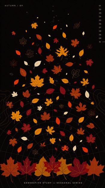 iPhone wallpaper showing a dark background with cascading fall/Autumn leaves — red, orange and yellow maple leaves and assorted leaf silhouettes spiraling downward.