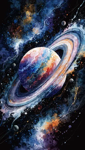 Abstract galaxy phone wallpaper of a colorful ringed planet with swirling rings, nebula clouds and smaller moons against a star-speckled space background.